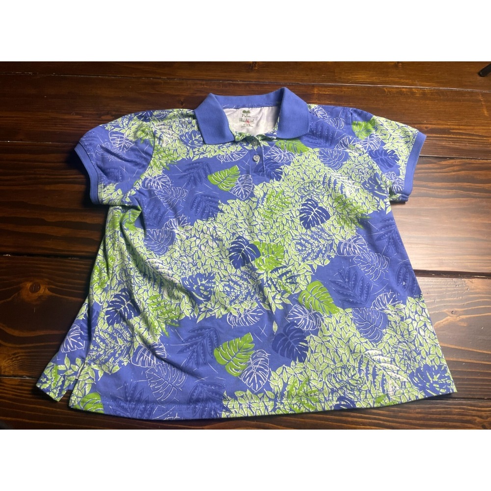 Palm Harbour Shirt, Women's XL Petite, Blue Green, Hawaiian Palm Leaves, Polo
